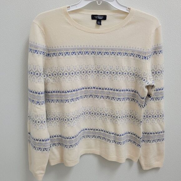 Lands' End Cream Blue 100% Cashmere Sweater Sz MP Fair Isle Style - Picture 1 of 9